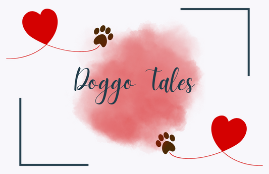 Image of hearts and paws that reads Doggo Tales